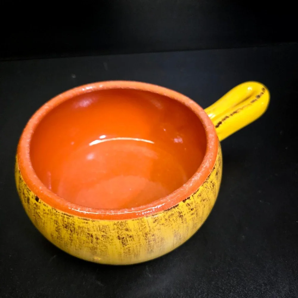 Crate & Barrel Soup Bowl Unisex Small Yellow Orange Ceramic Rustic Handle Crock